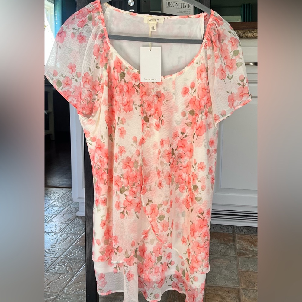 Tamara H. White Chiffon Blouse with Cherry Blossom Print